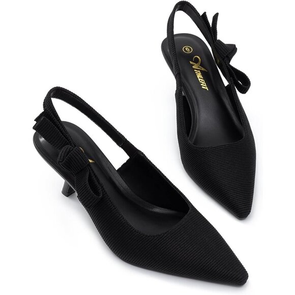 🆕Women's Sling back Kitten Heels Closed Pointed Toe Bowknot Pumps Black Fabric - Picture 4 of 6